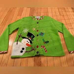 Green Holiday Cardigan Snowman Sweater